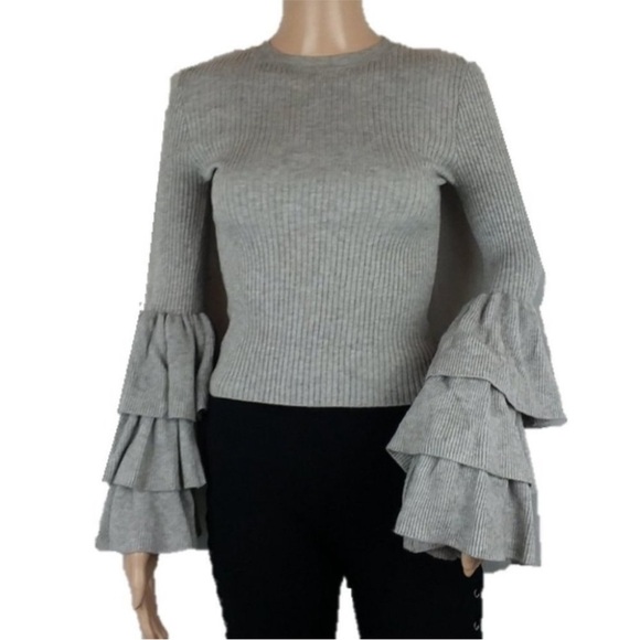 ☀️FOREVER 21 Contemporary Tiered Ruffle Bell Sleeve Ribbed Gray Sweater - Picture 1 of 7